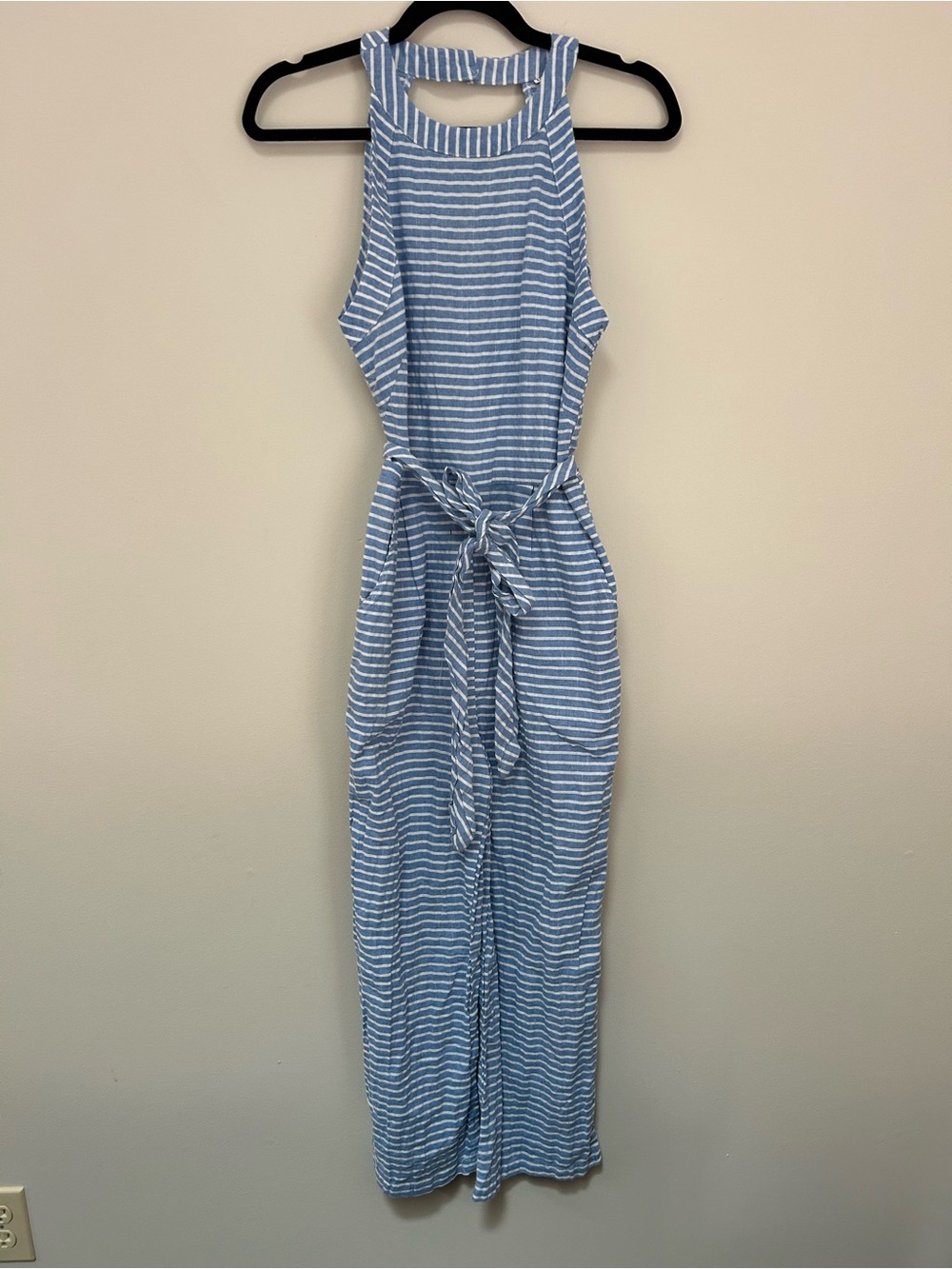 Blue & White Striped Sleeveless Halter Jumpsuit with Waist Tie